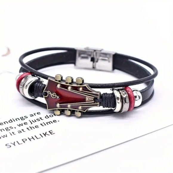 🎸New! Unisex Red Enamel Guitar Head Stock Black PU Leather 8” Rope Bracelet - Picture 9 of 17